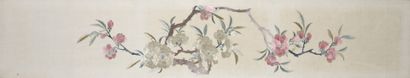 null CHINA - 20th century
Four panels of unbleached silk embroidered with polychrome...