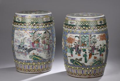 null CHINA - About 1900
Pair of garden stools of barrel shape in polychrome enamelled...