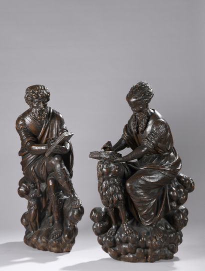 null The Evangelists Saint Mark and Saint Matthew in oak carved in the round and...