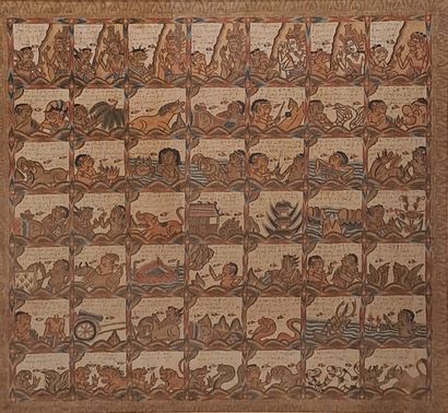 null THAILAND - About 1900
Distemper on fabric, scenes of epics. 
Dim. 83,5 x 91...