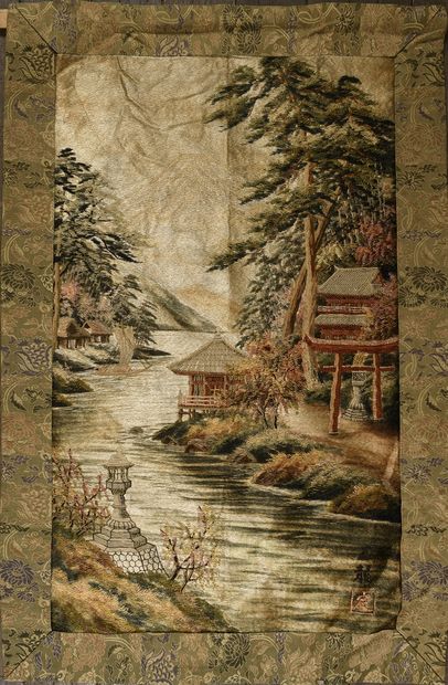 null JAPAN - MEIJI period (1868 - 1912)
Two embroidered panels decorated with a pavilion...