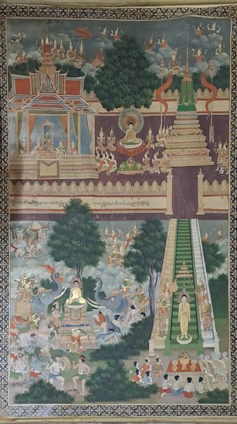 null THAILANDE - XIXe siècle
Détrempe et couleurs sur toile, représentant des scènes...