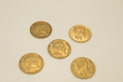 Lot de cinq pièces or 20 Francs Napoléon...
