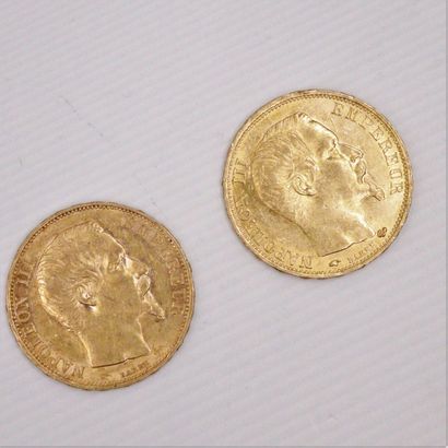 null Lot de deux pièces en or de 20 francs Napoléon III tête nue. (1858 A ; 1860...