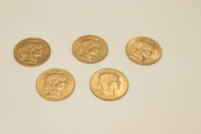 null Lot de cinq pièces en or de 20 Francs au Coq (1907x2, 1908, 1909, 1913).
Poids...