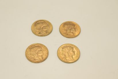 null Lot of four gold coins of 20 Francs au Coq (1907, 1909, 1910, 1912) 
weight...