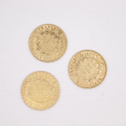 null Lot de trois pièces en or de 20 francs Napoléon III tête nue. (1852 A x 3)
TTB...