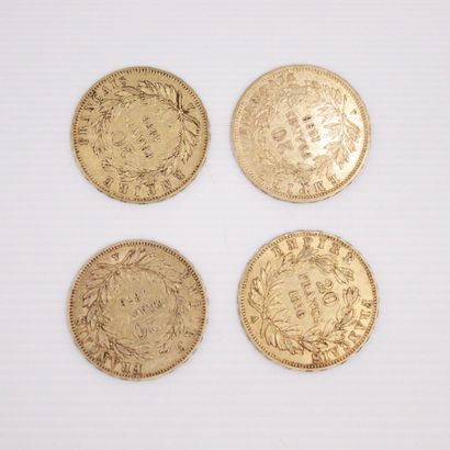 null Lot of four gold coins of 20 francs Napoleon III bare head (1856 A x 3; 1858...