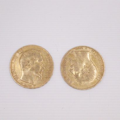 null Lot de deux pièces en or de 20 francs Napoléon III tête nue. (1854 A x2)
TTB...