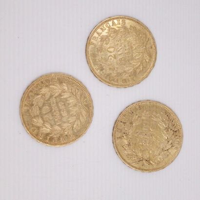 null Lot de trois pièces en or de 20 francs Napoléon III tête nue. (1857 A x 3)
TTB...