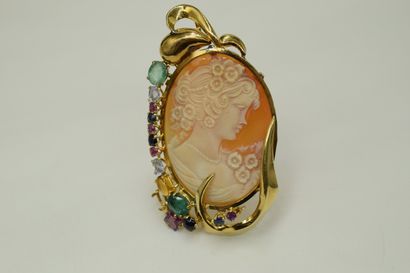 null 18K (750) yellow gold pendant brooch with a cameo in the profile of a young...