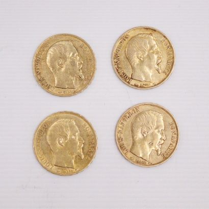 null Lot de quatre pièces en or de 20 francs Napoléon III tête nue. (1852 A x 4)
TTB...