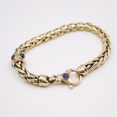 null Yellow gold bracelet 18k (750) with palm tree mesh and decorated with rubies...