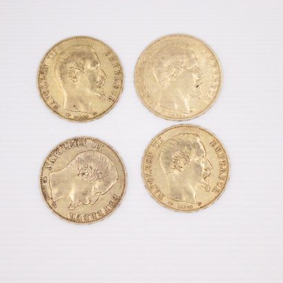 null Lot de quatre pièces en or de 20 francs Napoléon III tête nue. (1856 A x 3 ;...