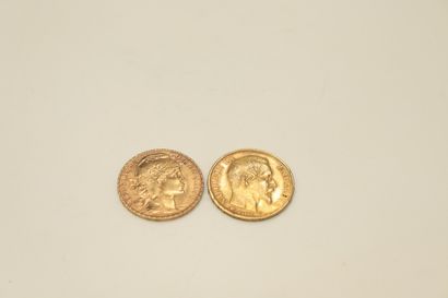 null Two gold coins of 20 Francs : Napoleon III (1860, A), with the Rooster (1913).
Weight...