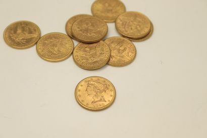 null Lot de 10 pièces en or de 5 dollars Liberty Head (1861, 1880, 1885, 1886, 1887,...