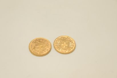 Lot of 2 gold coins of 20 Swiss Francs Helvetia...