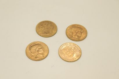 Lot of four gold coins of 20 Francs au Coq...