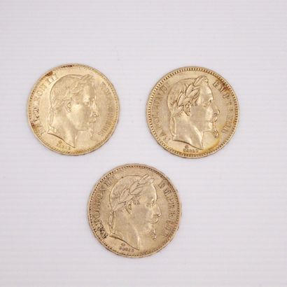 null Lot de trois pièces en or de 20 francs Napoléon III tête laurée. (1864 A ; 1869...