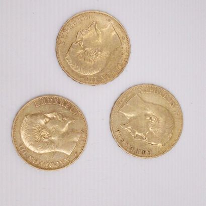 null Lot de trois pièces en or de 20 francs Napoléon III tête nue. (1857 A x 3)
TTB...