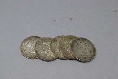 null Lot de cinq pièces en argent de 10 francs Hercule 
Poids : 125 g.