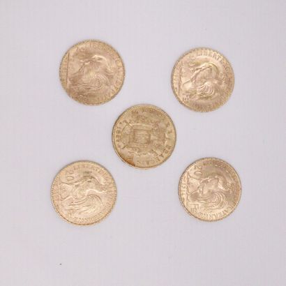 null Lot de 5 pièces en or de 20 francs comprenant : 
- Napoléon III tête laurée...