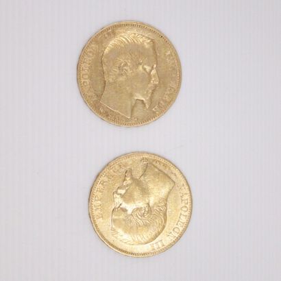 null Lot de deux pièces en or de 20 francs Napoléon III tête nue. (1859 A x2)
TTB...