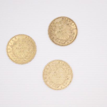 null Lot de trois pièces en or de 20 francs Napoléon III tête nue. (1855 A)
TTB à...
