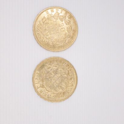 null Lot de deux pièces en or de 20 francs Napoléon III tête nue. (1859 A x2)
TTB...