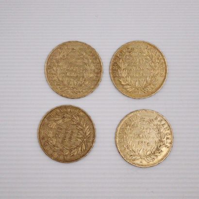 null Lot de quatre pièces en or de 20 francs Napoléon III tête nue. (1854 A x 4)
TTB...