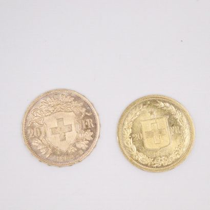 Lot de deux pièces en or de 20 francs comprenant...