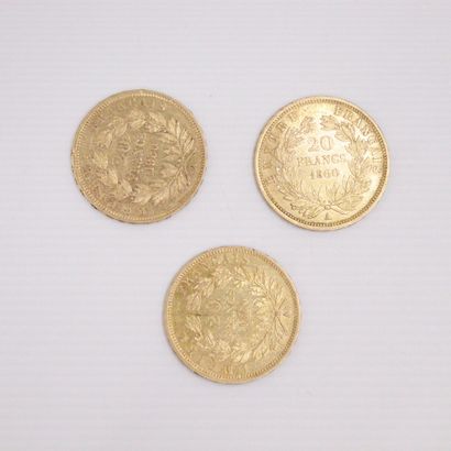 null Lot de trois pièces en or de 20 francs Napoléon III tête nue. (1860 A x 3)
TTB...