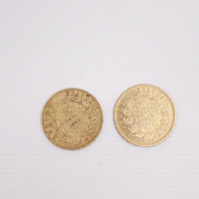 null Lot de deux pièces en or de 20 francs Napoléon III tête nue. (1858 BB ; 1859...