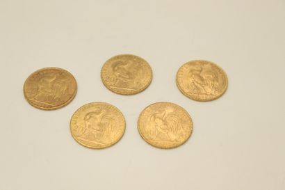 Lot of five gold coins of 20 Francs au Coq...