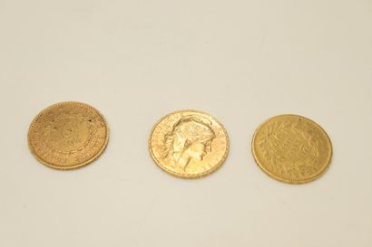 Lot de trois pièces en or de 20 Francs comprenant...