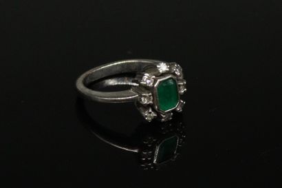 null 14k (585) white gold ring set with an emerald in a circle of small diamonds.
Finger...