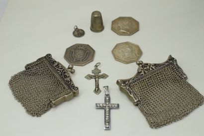 null Lot of silver display items and jewelry including: 
- two mesh purses 
- three...