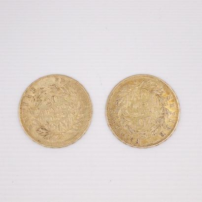 null Lot de deux pièces en or de 20 francs Napoléon III tête nue. (1854 A x2)
TTB...