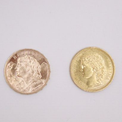 null Lot de deux pièces en or de 20 francs comprenant : 
- Vreneli (1930 B)
- Tête...