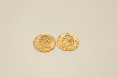 null Lot of 2 gold coins of 20 Swiss Francs Helvetia (1935 x 2).

Weight : 12.8 ...