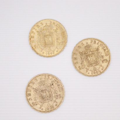 null Lot de trois pièces en or de 20 francs Napoléon III tête laurée. (1864 A ; 1869...