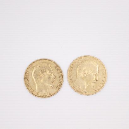null Lot de deux pièces en or de 20 francs Napoléon III tête nue. (1858 BB ; 1859...