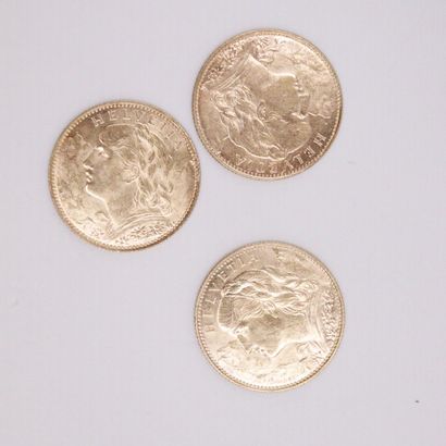 null Lot de trois pièces en or de 10 francs demi Vreneli (1913 ; 1915 ; 1916)
Poids...
