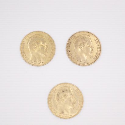 null Lot de trois pièces en or de 20 francs Napoléon III tête nue. (1855 A)
TTB à...