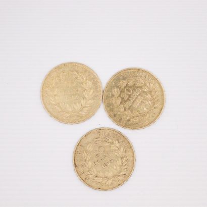 null Lot de trois pièces en or de 20 francs Napoléon III tête nue. (1854 A x3)
TTB...
