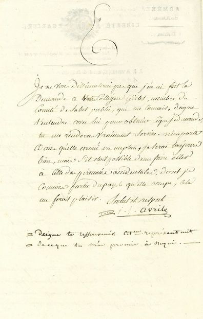 null Jean-Jacques AVRIL (1752-1839) général de la Révolution et de l'Empire. L.S.,...