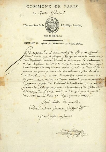 null PRISONS. 8 lettres ou documents, 1794-1798.

4 germinal II (24 mars 1794). Délibération...