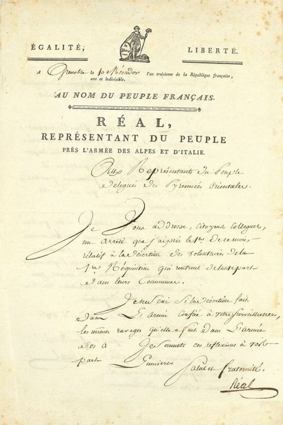 null Guillaume-André RÉAL (1755-1832) conventionnel (Isère). L.S. Grenoble 10 messidor...