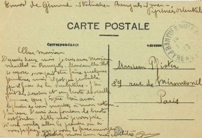 null Marcel GIMOND (1894-1961). Carte postale a.s., Banyuls [1913], à P. Pfister...