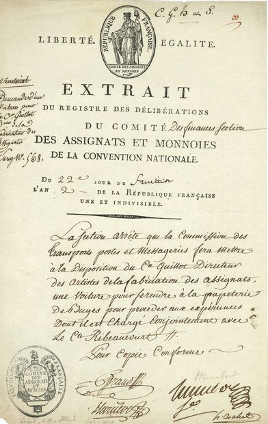 null COMITÉ DES FINANCES. 2 P.S. et 1 L.S., septembre-novembre 1794 ; 3 pages in-fol....